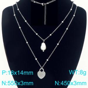 Stainless steel double-layer layered pearl chain necklace with heart and pearl pendant - KN293860-Z