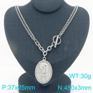 Stainless steel double-layer spliced chain necklace paired with Virgin Mary pendant - KN293863-Z