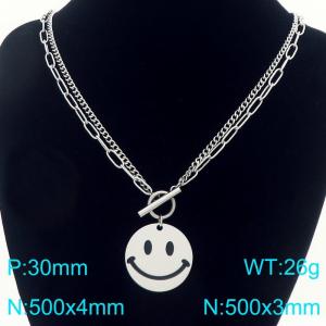 Stainless steel double-layer splicing OT buckle necklace with smiling face tag - KN293925-Z