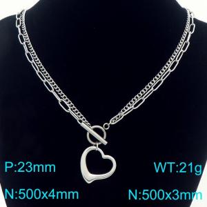 Stainless steel double-layer splicing OT buckle necklace paired with hollow heart pendant - KN293929-Z
