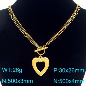 Stainless steel double-layer splicing OT buckle necklace paired with hollow heart pendant - KN293930-Z