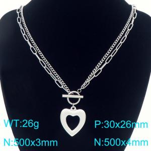 Stainless steel double-layer splicing OT buckle necklace paired with hollow heart pendant - KN293931-Z