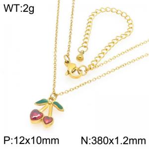 European and American fashion personality stainless steel creative fruit series set with zircon heart-shaped cherry temperament gold necklace - KN295044-GC