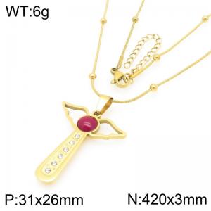 Stainless steel fine bead chain hanging red stone wing cross series pendant temperament gold necklace - KN295793-Z