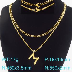 Personalized and fashionable stainless steel gold-plated double-layer layered necklace paired with diamond studded bubble letter pendant - KN296841-Z