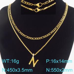 Personalized and fashionable stainless steel gold-plated double-layer layered necklace paired with diamond studded bubble letter pendant - KN296842-Z