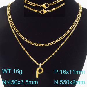 Personalized and fashionable stainless steel gold-plated double-layer layered necklace paired with diamond studded bubble letter pendant - KN296844-Z