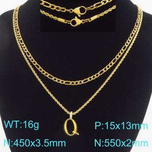 Personalized and fashionable stainless steel gold-plated double-layer layered necklace paired with diamond studded bubble letter pendant - KN296845-Z