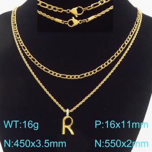 Personalized and fashionable stainless steel gold-plated double-layer layered necklace paired with diamond studded bubble letter pendant - KN296846-Z