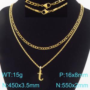 Personalized and fashionable stainless steel gold-plated double-layer layered necklace paired with diamond studded bubble letter pendant - KN296848-Z