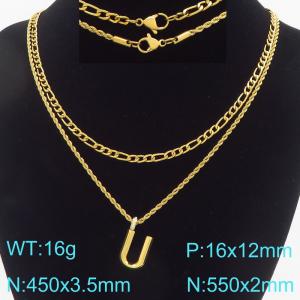 Personalized and fashionable stainless steel gold-plated double-layer layered necklace paired with diamond studded bubble letter pendant - KN296849-Z