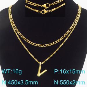 Personalized and fashionable stainless steel gold-plated double-layer layered necklace paired with diamond studded bubble letter pendant - KN296850-Z