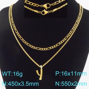 Personalized and fashionable stainless steel gold-plated double-layer layered necklace paired with diamond studded bubble letter pendant - KN296853-Z