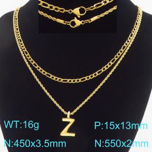 Personalized and fashionable stainless steel gold-plated double-layer layered necklace paired with diamond studded bubble letter pendant - KN296854-Z