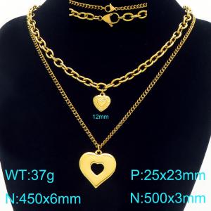 Personalized and fashionable stainless steel one large and one small double layered heart-shaped necklace - KN296939-Z