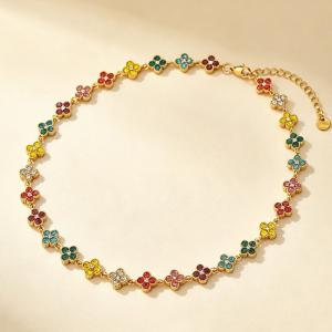 Gold Plated Stainless Steel Choker Necklace for Women, Colorful Crystal Clavicle Chain Adjustable Lucky Jewelry Gift - KN303969-CAJY