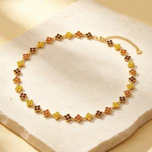 Gold Plated Stainless Steel Choker Necklace for Women, Colorful Crystal Clavicle Chain Adjustable Lucky Jewelry Gift - KN303970-CAJY