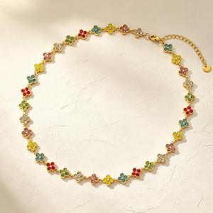 Gold Plated Stainless Steel Choker Necklace for Women, Colorful Crystal Clavicle Chain Adjustable Lucky Jewelry Gift - KN303976-CAJY