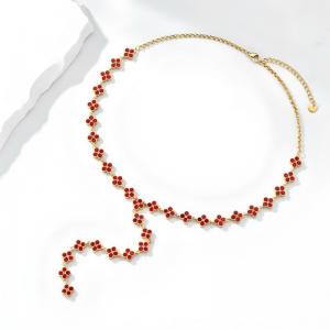 Stainless Steel Four Leaf Clover Y Necklace  Gold Plated Wine Red Rhinestone Lucky Clover Lariat Adjustable Women Trendy Necklace - KN304007-CAJY