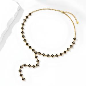 Stainless Steel Four Leaf Clover Y Necklace Gold Plated Wine Red Rhinestone Lucky Clover Lariat Adjustable Women Trendy Necklace - KN304014-CAJY
