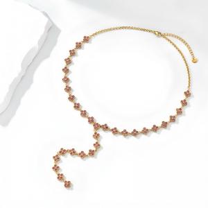Stainless Steel Four Leaf Clover Y Necklace Gold Plated Wine Red Rhinestone Lucky Clover Lariat Adjustable Women Trendy Necklace - KN304016-CAJY
