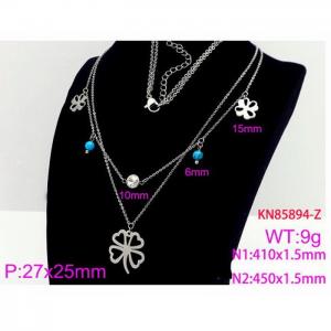 450mm Women Stainless Steel Double Chain Necklace with Cartoon Clover&Blue Stone Charms - KN85894-Z