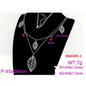 450mm Women Stainless Steel Double Chain Necklace with Leaves&Red Stone Charms - KN85895-Z
