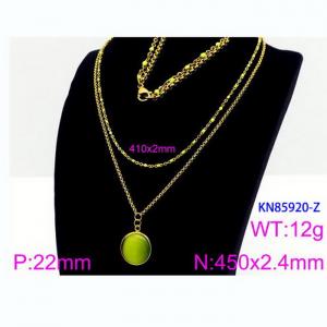 Double Layer Link Chain With  Green Gemstone Pendant Necklace  Stainless Steel 18K Gold Color - KN85920-Z