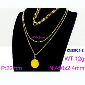 Double Layer Link Chain With  Yellow Gemstone Pendant Necklace Stainless Steel 18K Gold Color - KN85921-Z