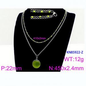 Double Layer Link Chain With  Green Gemstone  Pendant Necklace Stainless Steel Silver Color - KN85922-Z