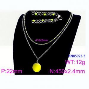 Double Layer Link Chain With  Yellow Gemstone Pendant Necklace Stainless Steel Silver Color - KN85923-Z