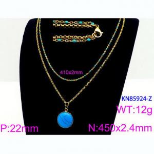 Double Layer Bead Resin Link Chain With Turquoise Pendant Necklace Stainless Steel Gold Color - KN85924-Z
