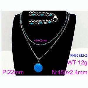 Double Layer Bead Resin Link Chain With Turquoise Pendant Necklace Stainless Steel Silver Color - KN85925-Z