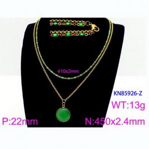 Double Layer Link Chain With  Green Gemstone Pendant Necklace  Stainless Steel 18K Gold Color - KN85926-Z