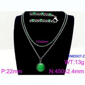 Double Layer Link Chain With  Green Gemstone  Pendant Necklace Stainless Steel Silver Color - KN85927-Z