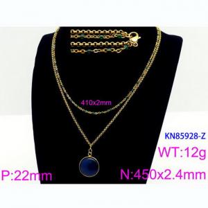Double Layer Link Chain With  Blue Gemstone Pendant Necklace  Stainless Steel 18K Gold Color - KN85928-Z
