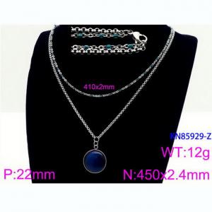 Double Layer Link Chain With  Blue Gemstone  Pendant Necklace Stainless Steel Silver Color - KN85929-Z