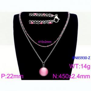 Double Layer Link Chain With  Pink Gemstone  Pendant Necklace Stainless Steel Silver Color - KN85930-Z