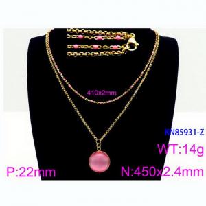 Double Layer Link Chain With  Pink Gemstone Pendant Necklace  Stainless Steel 18K Gold Color - KN85931-Z