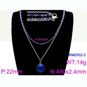 Double Layer Link Chain With  Blue Gemstone  Pendant Necklace Stainless Steel Silver Color - KN85932-Z
