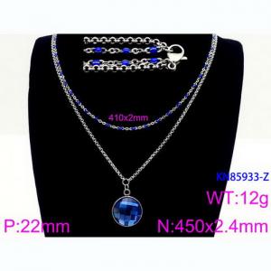 Double Layer Link Chain With  Blue Glass Pendant Necklace Stainless Steel Silver Color - KN85933-Z