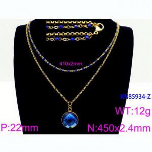 Double Layer Link Chain With  Blue Glass Pendant Necklace Stainless Steel Gold Color - KN85934-Z