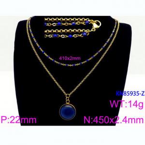 Double Layer Link Chain With  Blue Gemstone Pendant Necklace  Stainless Steel 18K Gold Color - KN85935-Z