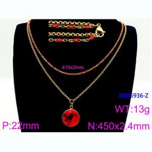 Double Layer Link Chain With  Red Glass Pendant Necklace  Stainless Steel 18K Gold Color - KN85936-Z