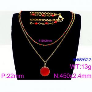 Double Layer Link Chain With  Red Gemstone Pendant Necklace  Stainless Steel 18K Gold Color - KN85937-Z