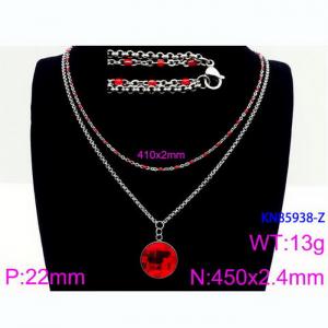 Double Layer Link Chain With  Red Glass Pendant Necklace  Stainless Steel Silver Color - KN85938-Z