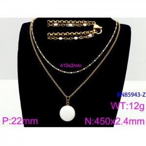 450mm Women Gold-Plated Stainless Steel&Pearl Double Style Chain Necklace with White Round Blank Pendant - KN85943-Z