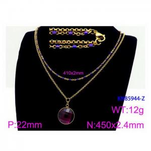 450mm Women Gold-Plated Stainless Steel&Blue Stone Double Style Chain Necklace with Purple Pixeled Mirror - KN85944-Z
