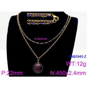450mm Women Gold-Plated Stainless Steel&Blue Stone Double Style Chain Necklace with Purple Round Blank Pendant - KN85945-Z