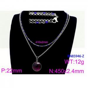 450mm Women Stainless Steel&Blue Stone Double Style Chain Necklace with Purple Pixeled Mirror - KN85946-Z
